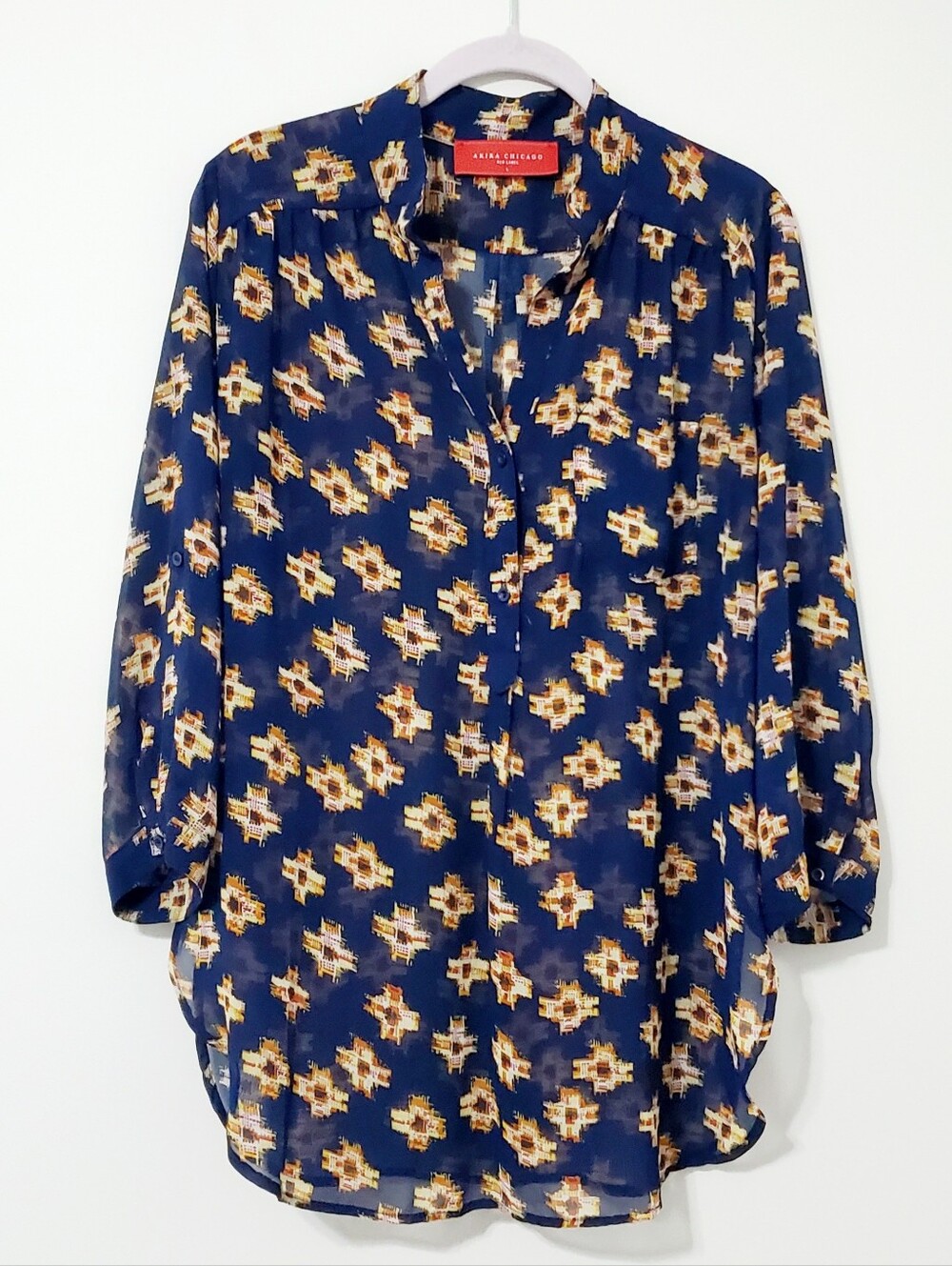 Akira Chicago Red Label Navy Geometric Aztec Print Tunic Blouse Women Large